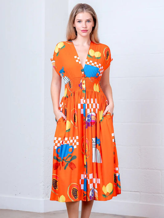 V-Neck Back Smocking Button Down Dress