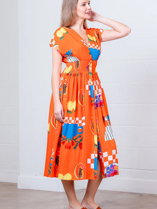 V-Neck Back Smocking Button Down Dress