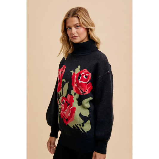 Turtleneck Floral Jacquard Sweater