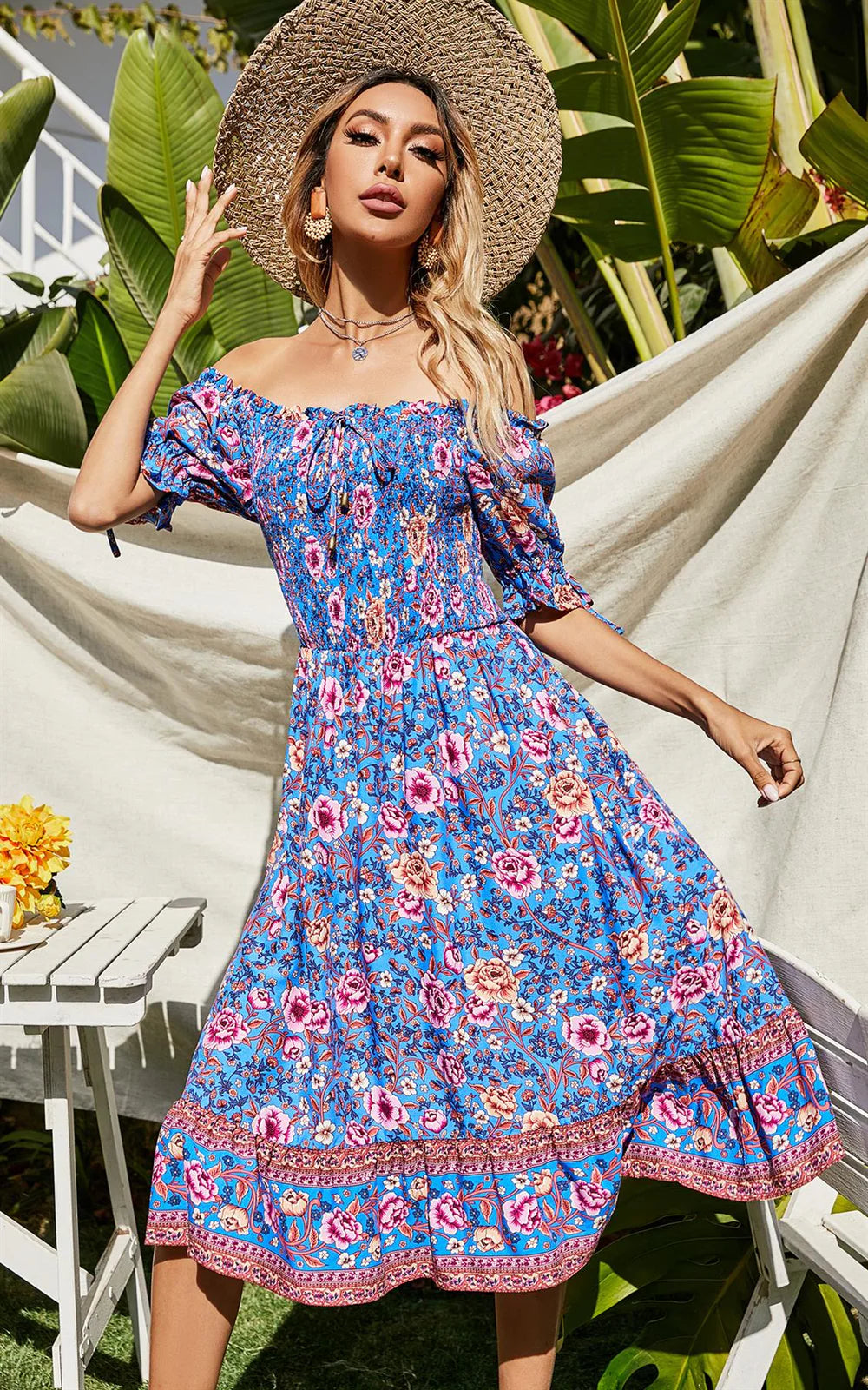 Pink Floral Print Boho Bardot Midi Dress In Blue