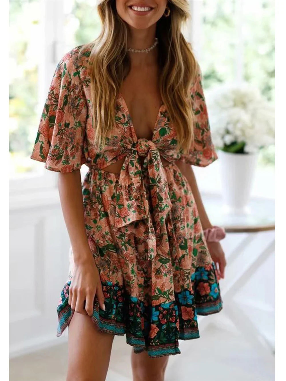 Summer Mini Dress In Peach & Green Floral