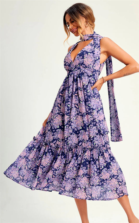 Floral Print V Neck Midi Dress In navy