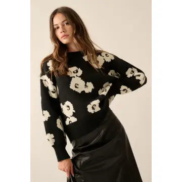 Floral Graphic Felt-Knit Round-Neck Sweater