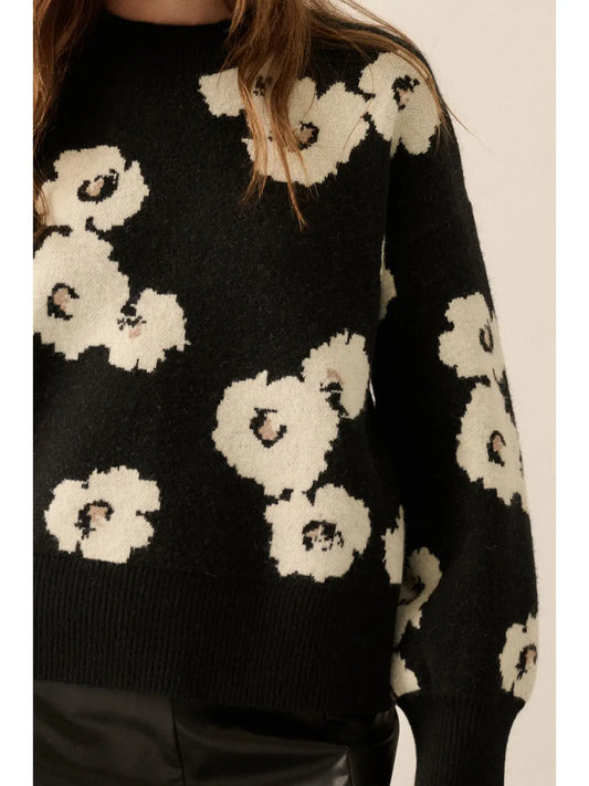 Floral Graphic Felt-Knit Round-Neck Sweater
