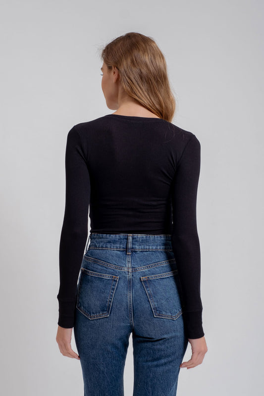 V NECK HALF SNAP BUTTON LONG SLEEVE KNIT TOP