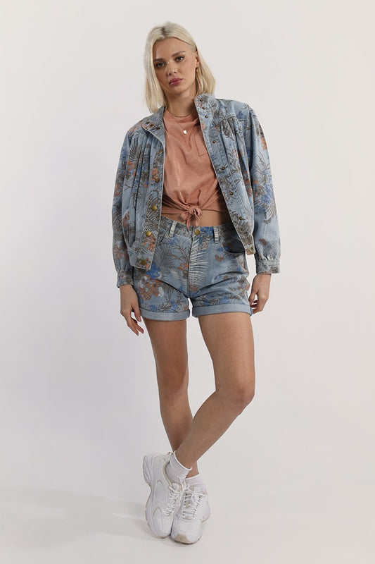 Printed Denim Shorts